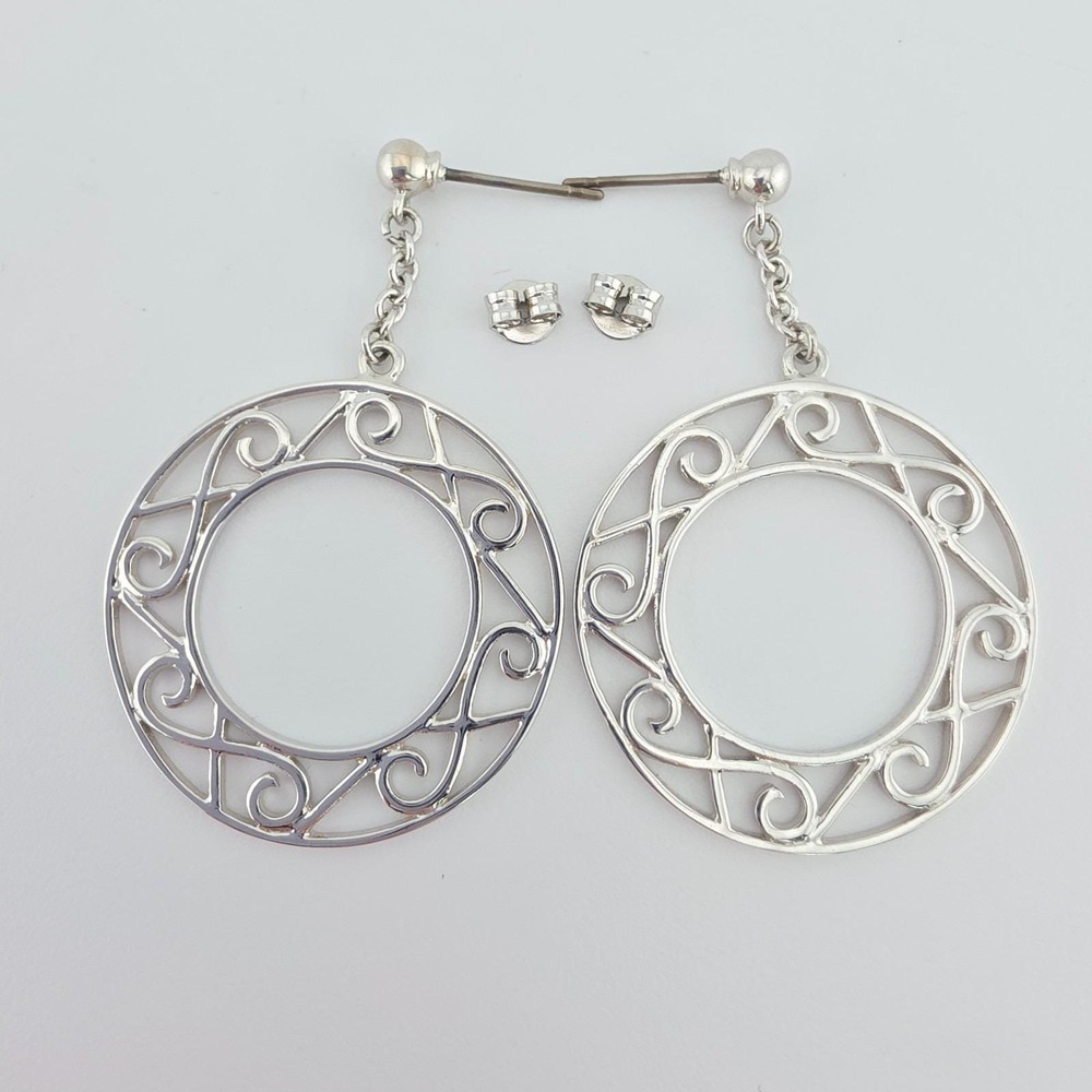 Vintage Open Disc Earrings Hoop Celtic Filigree Scrollwork Swirls Silver Plate